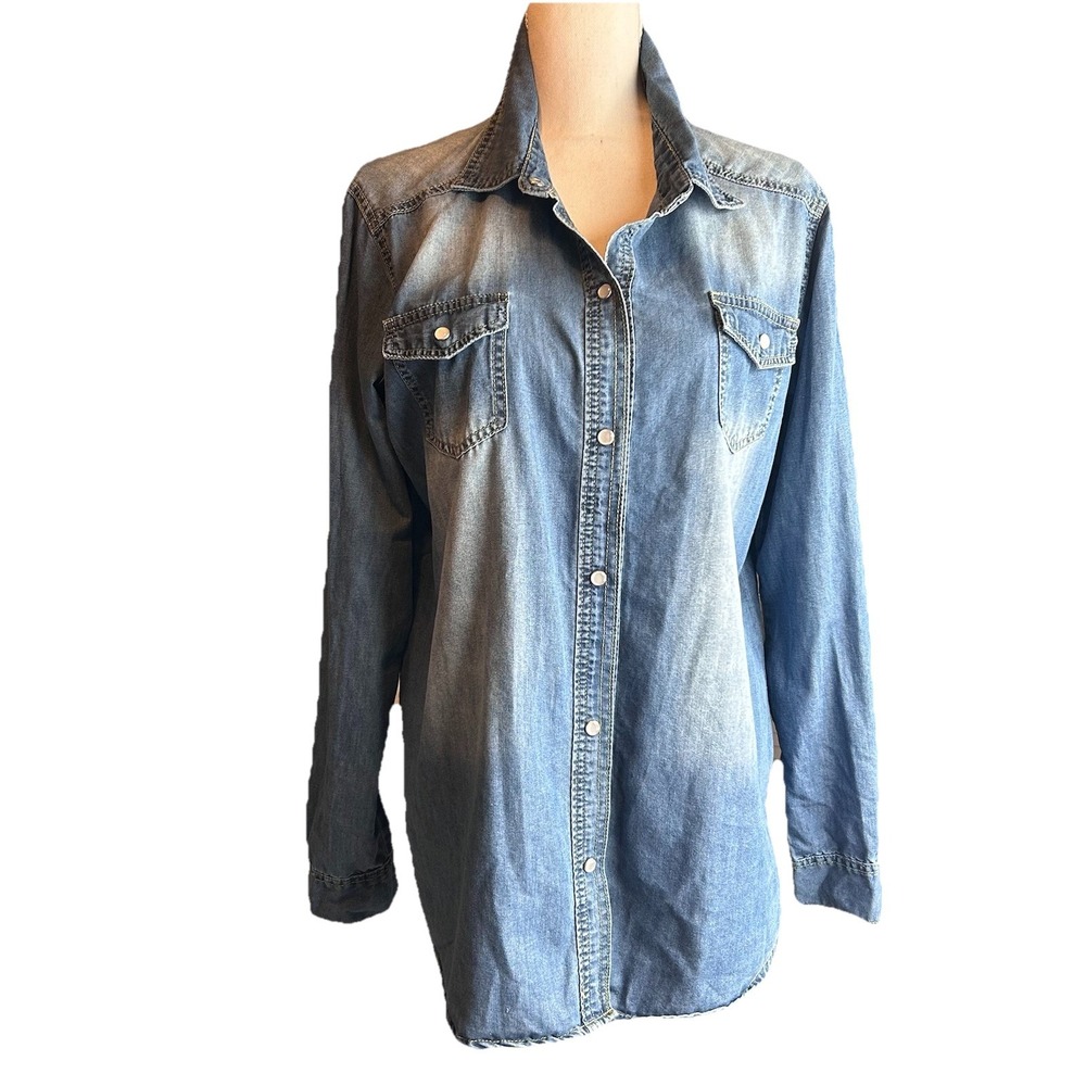 AVA COSTUME Women's X-Large Dark Blue Denim Long Sleeve Double Pockets Shirt - Picture 2 of 11